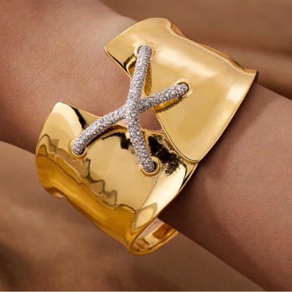ALEXIS BITTAR• Solanales Gold Silver Crystal Lace Up Corset Cuff Bracelet - Picture 8 of 12
